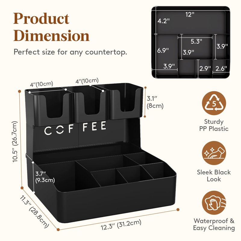 2-tier Coffee Station Organizer For Countertop, 10 Compartments, Tea Condiment Storage,coffee Bar Organizer For Office Breakroom, Home Kitchen, Black