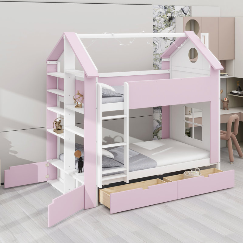 Lit maison peu encombrant avec rangement intégré et bande lumineuse, Blanc + rose