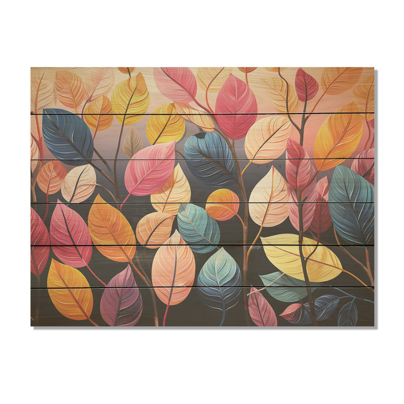 Feuillage coloré et pastel coloré sur bois de pin naturel, H 10 po x l 20 po