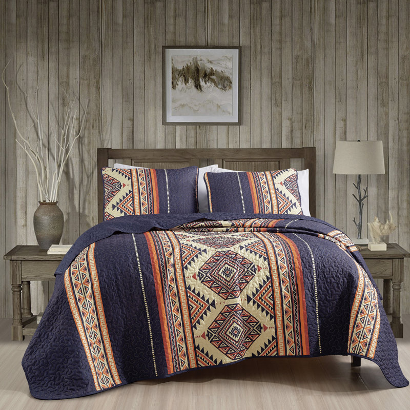 Navy Aztec Print Microfiber Quilted Reversible 3 Piece Bedspread Set，King, King Bedspread + 2 King Pillowcases