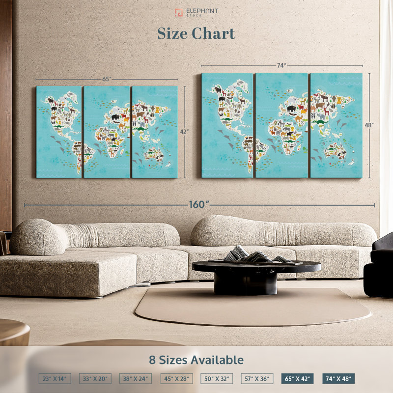 "Mignon animaux, carte du monde, art mural" sur toile, H 48 po x l 74 po x P 1,25 po