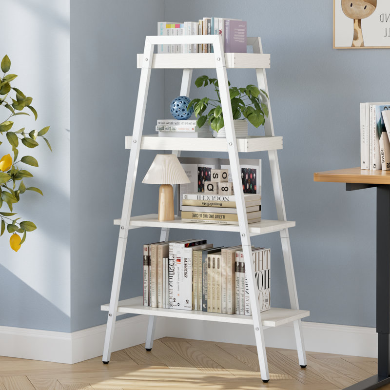 Liscomb 4-Tier Ladder Shelf, Wood Plant Flower Stand, White Freestanding Corner Rack, Modern Storage Shelving Unit with Anti-Tipping Device for Living Room, Home Office, Balcony