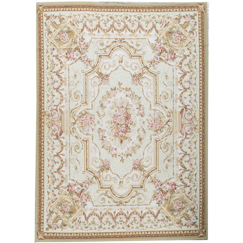Tapis vert et ivoire noué à la main de haute qualité