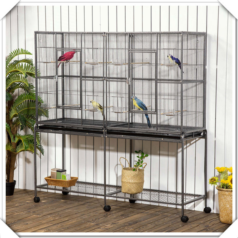 Cage à oiseaux double en métal avec tablette de rangement