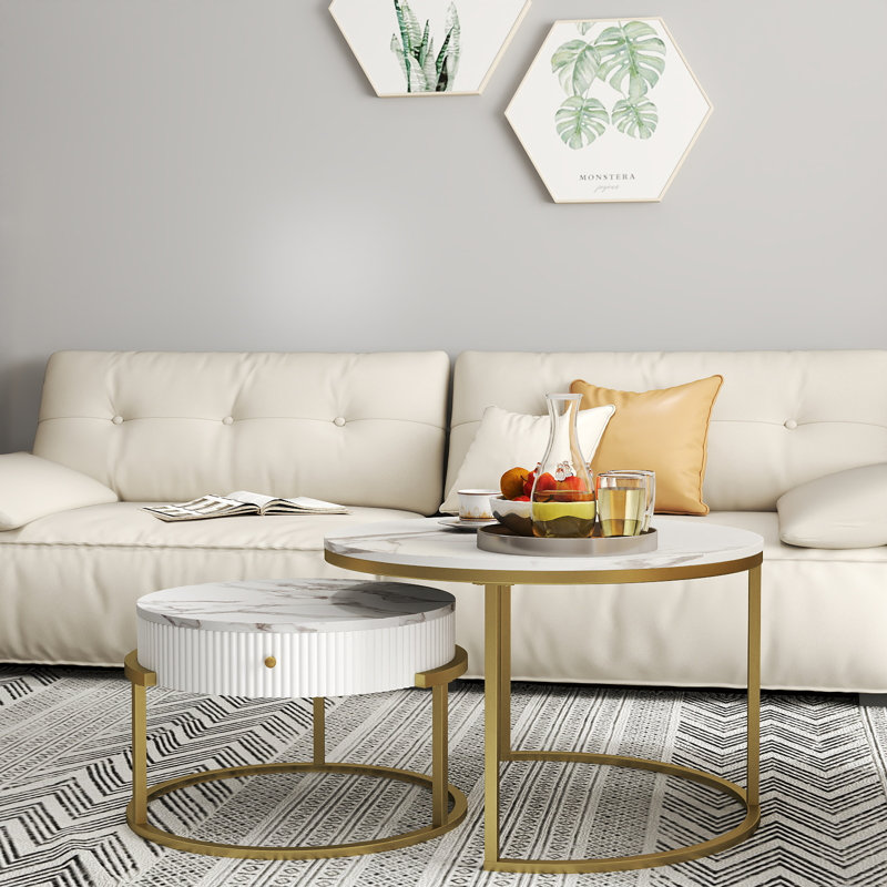 Round Nesting Coffee Table Set Of 2, Modern Side End Tables With Marble Pattern And Metal Frame, Modern Coffee Table With Hidden Compartment For Living Room, Apartment, Office