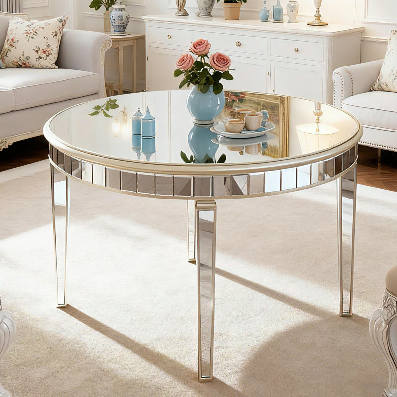 Jasmic Round Mirrored Glass Dining Table Antique Gold Frame