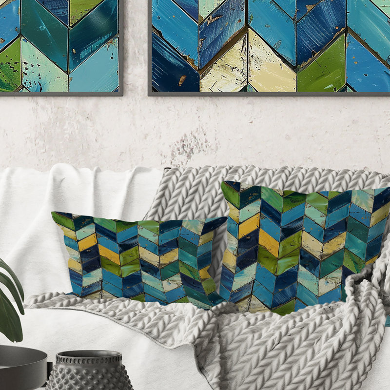 Coussin décoratif bleu à motif de chevrons bleu et vert III, 16" x 16"