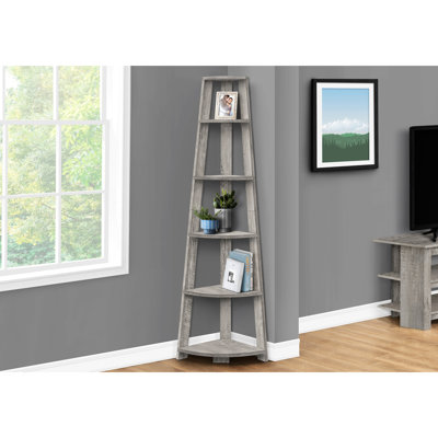 Grey Laminate 5 Tier Corner Bookshelf, 72" High, Contemporary Style Bookcase, Tall, Office Organizer