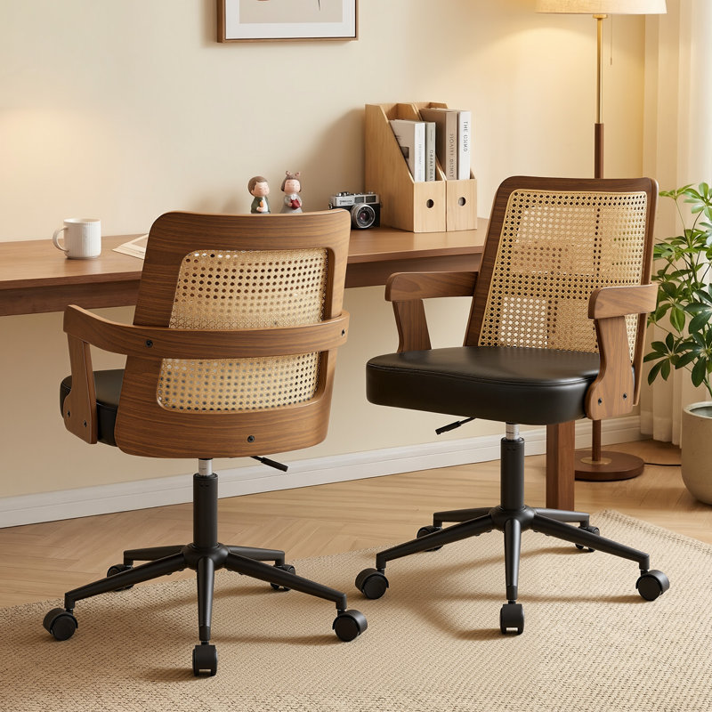 Breathable Cane Back Home Office Chair With Mid-Century Walnut Frame & Adjustable Swivel Base, Black
