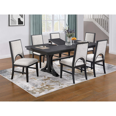 Traditional Look Dining Table And 6X Side Chairs White Finish Fabric Table W Trestle Base Cutout Back Chair 7Pc Dining Set