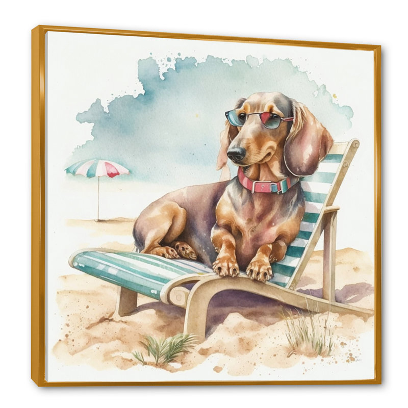 «Dog Lounging on the Beach with Sun Sun III», reproduction sur toile, H 36 po x l 36 po, Cadre flottant brun