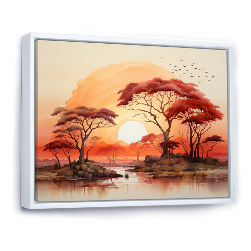 Rouge, jaune, paysage africain - Art mural paysage africain, H 34 po x l 44 po x P 1,5 po, Cadre flottant blanc