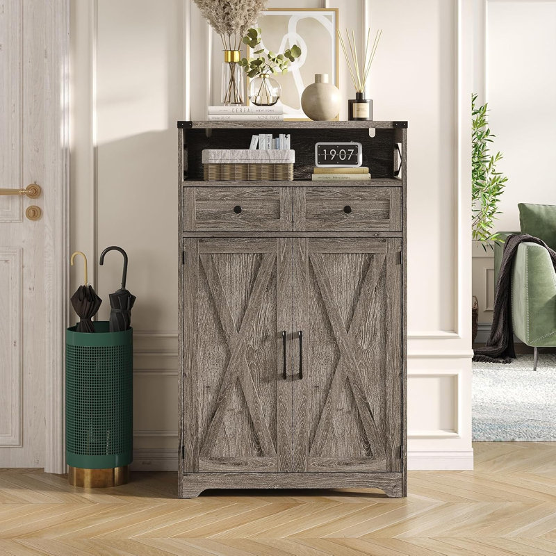 5-Tier Shoe Cabinet With Doors & 2 Drawers, Farmhouse Storage Cabinet With Adjustable Shelves, Wooden Freestanding Shoe Rack Organizer Cabinet For Entryway, Foyer, Hallway, Living Room