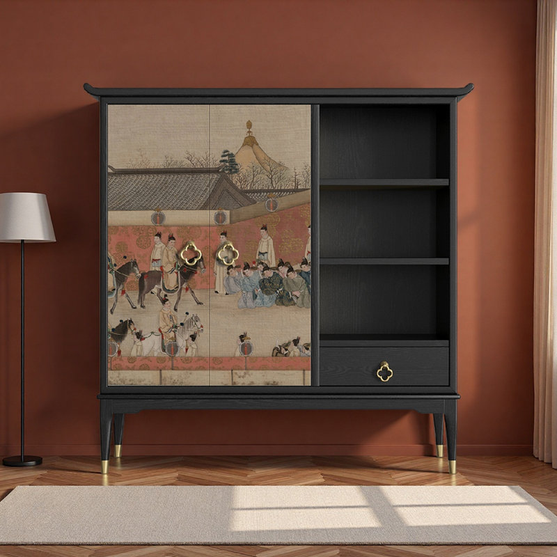 Buffet de luxe chinois de style rétro, Noir, H 47,2 po x l 47,2 po x P 15,7 po