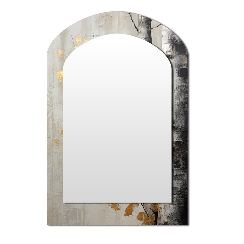 Tree Whispers Of Grey and Gold - miroir mural décoratif asymétrique monochrome, miroir arqué traditionnel, impression sur métal