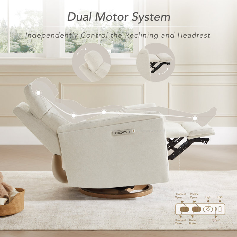 31.8" W Linen Swivel Glider Dual-Power Recliner, Beige