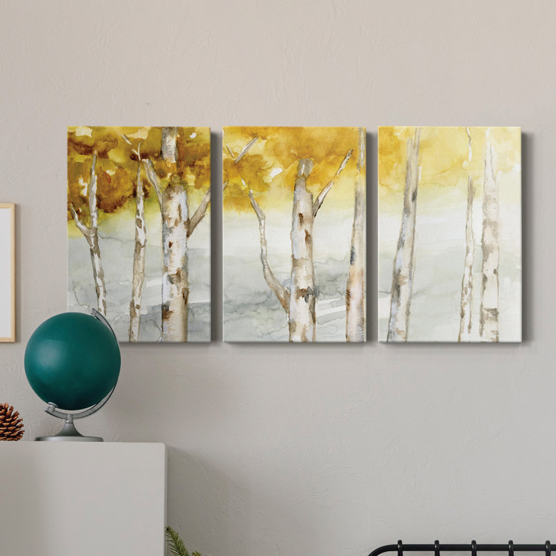 Golden Trees - Toile tendue avec châssis de qualité supérieure - Prêt à être accroché, H 27 po x l 54 po x P 1 po