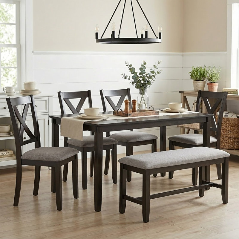 Bremble Vintage style 6 - Piece Dining Set with x-back dining chairs and bench for dining area, Espresso