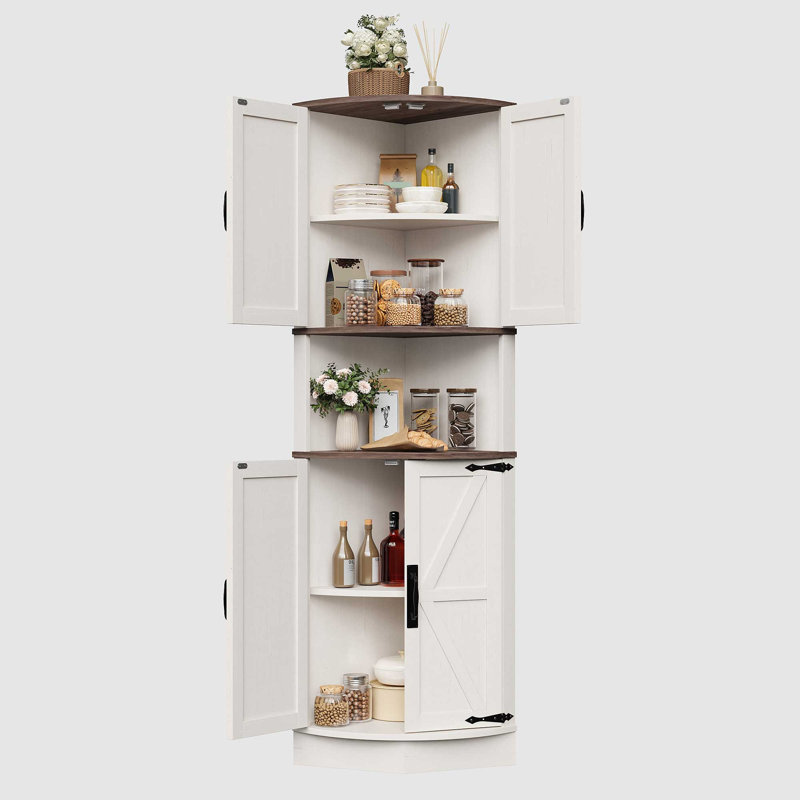 Armoire de coin Farmhouse pour le salon, la cuisine et la salle de lavage, Blanc / Brun