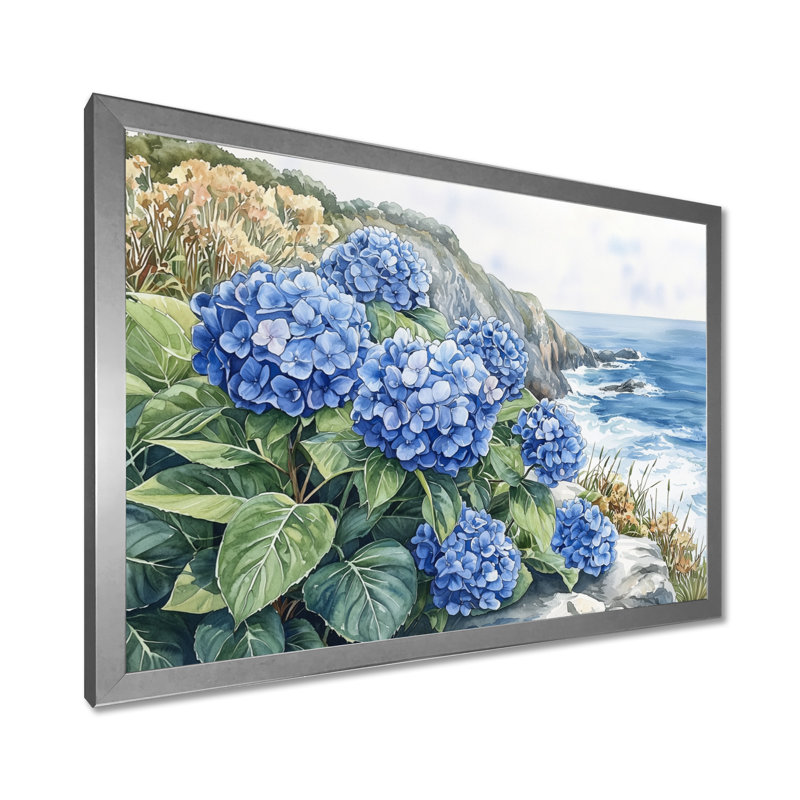 Hydrangées au bord de la mer, falaise II - hydrangées, art mural, Reproduction encadrée d'une seule photo sans pass