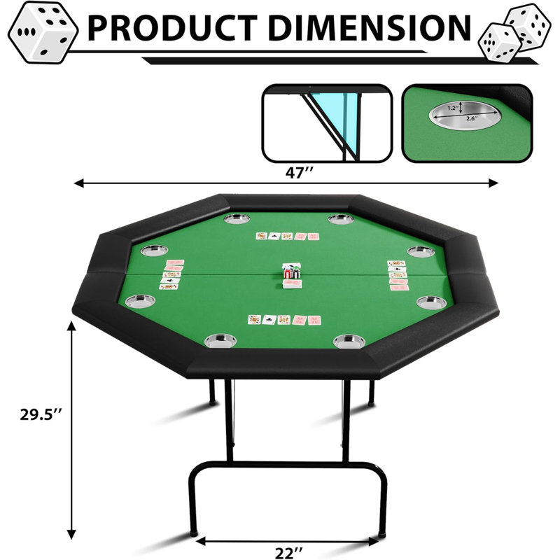8 - Player Foldable Poker Table With 8 Stainless Steel Cup Holders