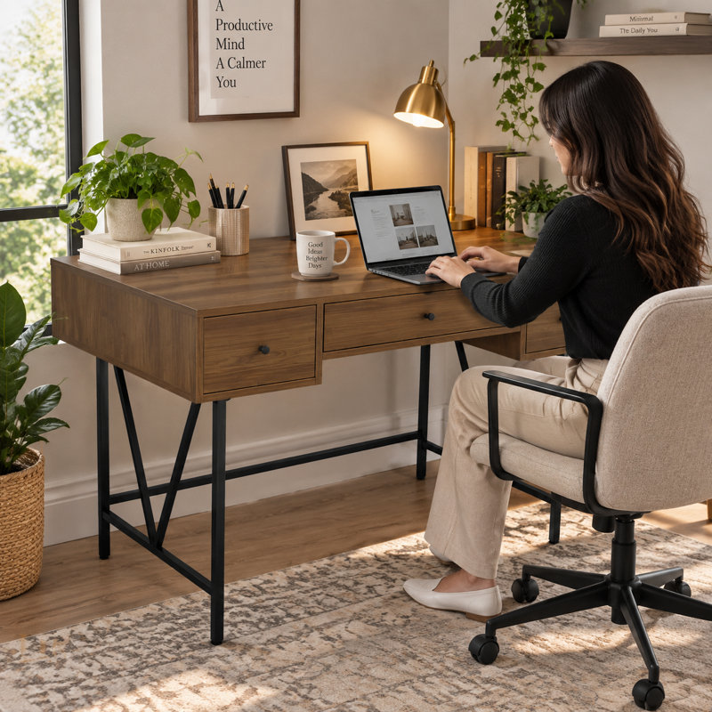 30.5"H Transitional Computer Desk with Drawers, Walnut.        , Walnut