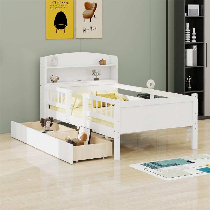 Wood Platform Bed With Built-In LED Light, Multi-Functional Headboard, Guardrail And 2 Drawers, White