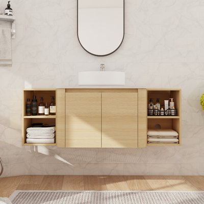 Meuble-lavabo flottant simple 54 po avec lavabo en céramique, meuble-lavabo mural avec porte à fermeture en douceur et tablette