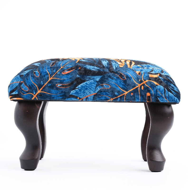 Gravitte 38cm Wide Velvet Rectangle Floral Footstool Ottoman, Wenge, Blue
