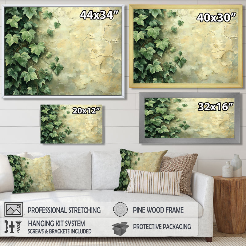 «Ireion Collage Of Ivy Leaves On A Wall II», art mural grandes feuilles, Reproduction encadrée d'une seule photo, Doré