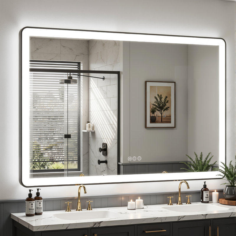Lunara Independent Dual Backlit&Front Lights LED Wall Mirror, Rounded Corner Matte Black Metal Framed Bathroom Mirror with Tempered Glass