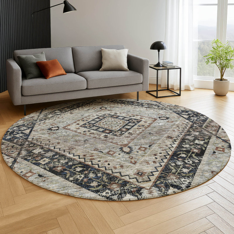 Premium Machine Washable Mayfield AMF2195 geometric Rug, 8' Round, Black