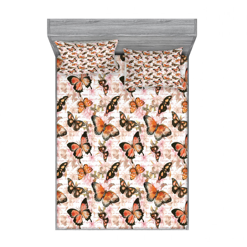 Microfiber Sheet Set, Queen Sheet Set with Fitted Sheet, Spring Birds Sparrows with Branches Floral