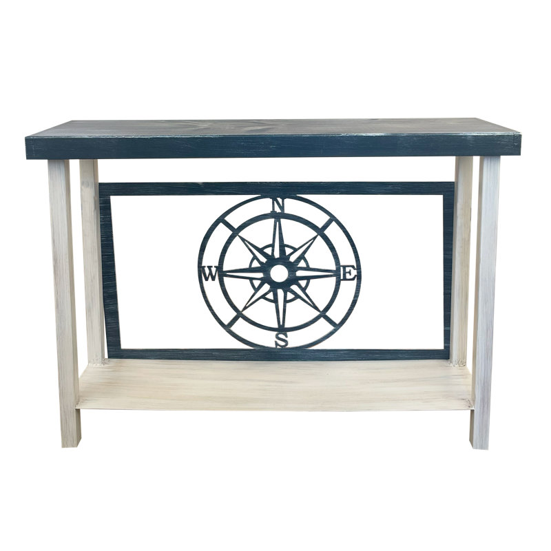 WEATHERED NAVY COMPASS TABLE SET.  1- Rectangle Sofa Table, 1- Rectangle Coffee Table, 2- Square Iron End Tables