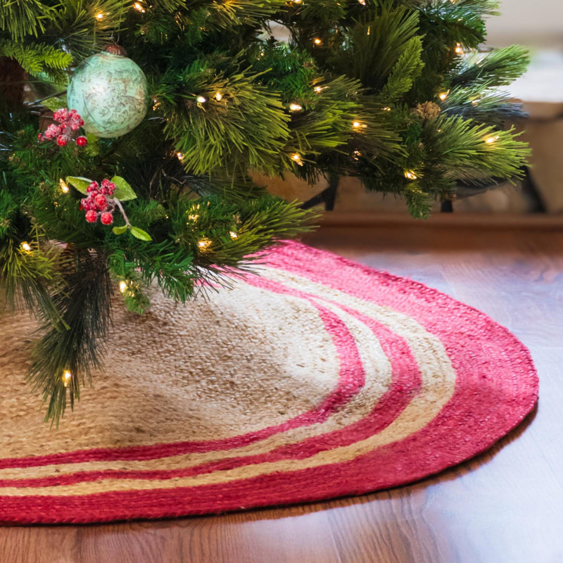 Handmade Round Beige and Red Jute Christmas Tree Skirt
