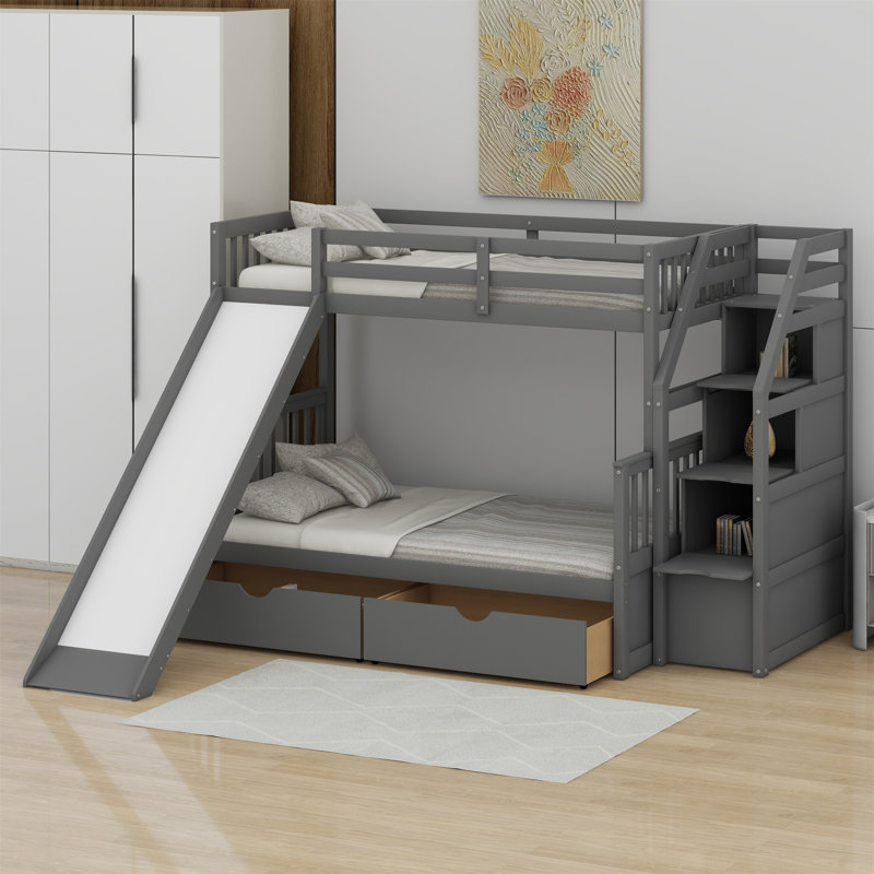 Bunk Bed With Drawers,Storage And Slide, Gray