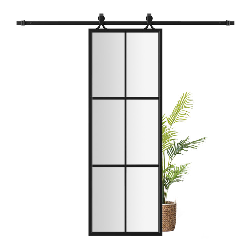 Porte de grange coulissante en aluminium noir, verre dépoli, 6 carreaux, 76 cm x 213 cm (H), avec quincaillerie, Verre givré