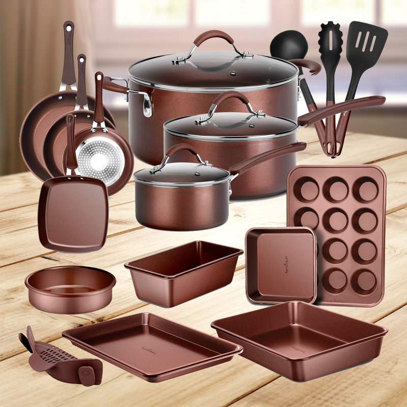 NutriChef 20-Piece Brown Non-Stick Aluminum Cookware Set