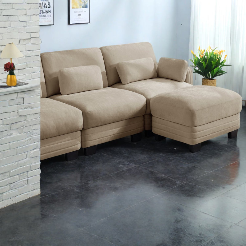 Canapé d'angle modulaire moderne, couleur chenille camel, 2 places réglables avec 2 poufs