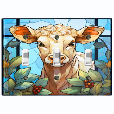 Metal Light Switch Plate Outlet Cover (Cute Cow Berry Leaves Blue Sky - Triple Toggle)