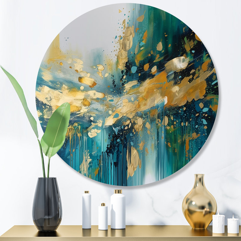 «Golden Explosion Triangles IV», art mural rond abstrait géométrique sur métal, H 16 po x l 16 po x P 1 po