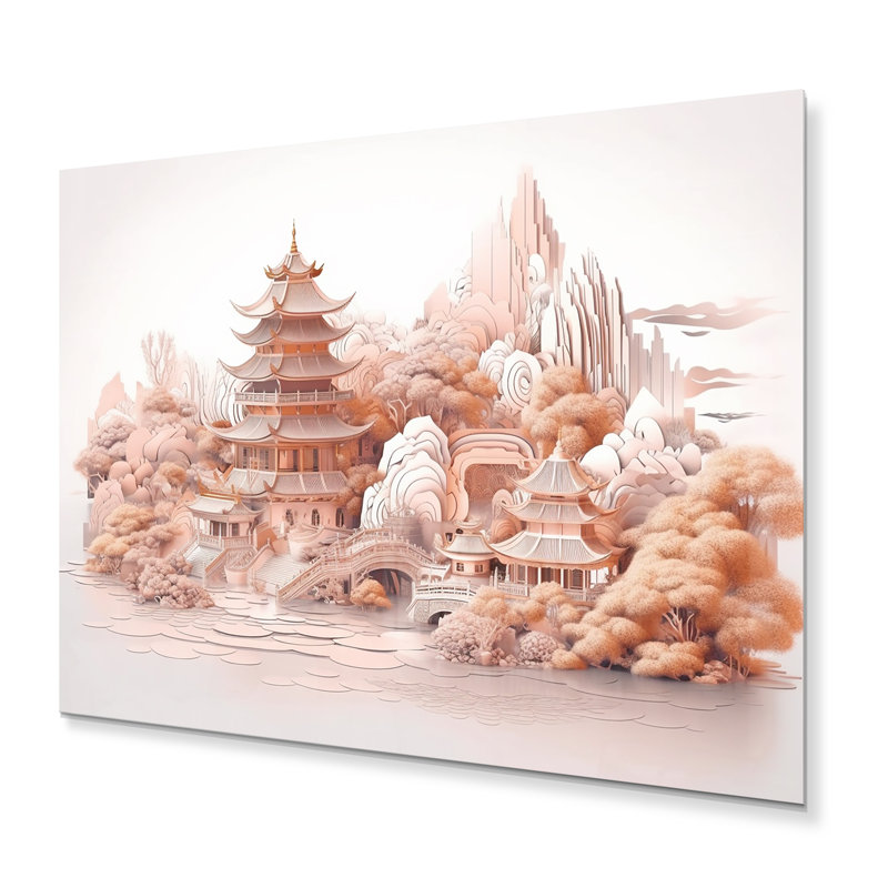 Illustration de montagne asiatique et lac I - Sans cadre, impression sur métal, H 24 po x l 32 po x P 1 po