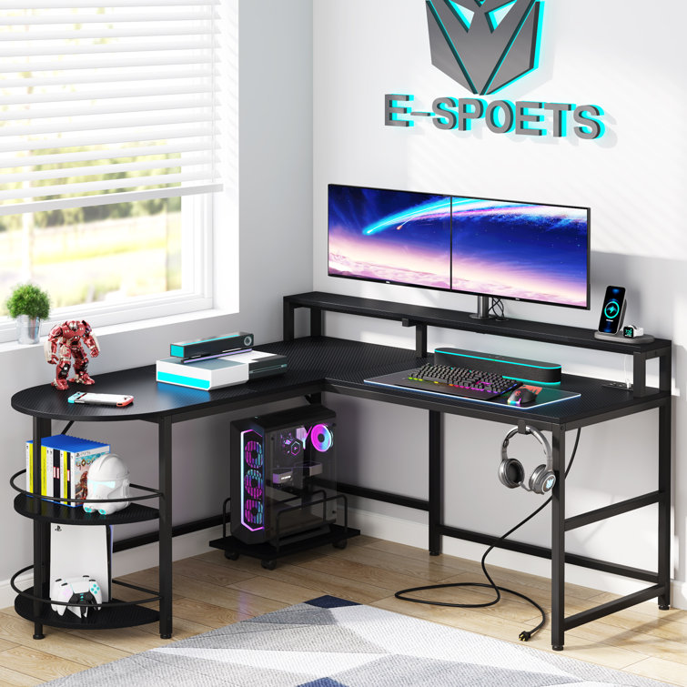 55 Computer Desk with Monitor Shelf and Storage Shelves, Gaming Desk,  Study Table with CPU Stand & Reversible Shelves, Black