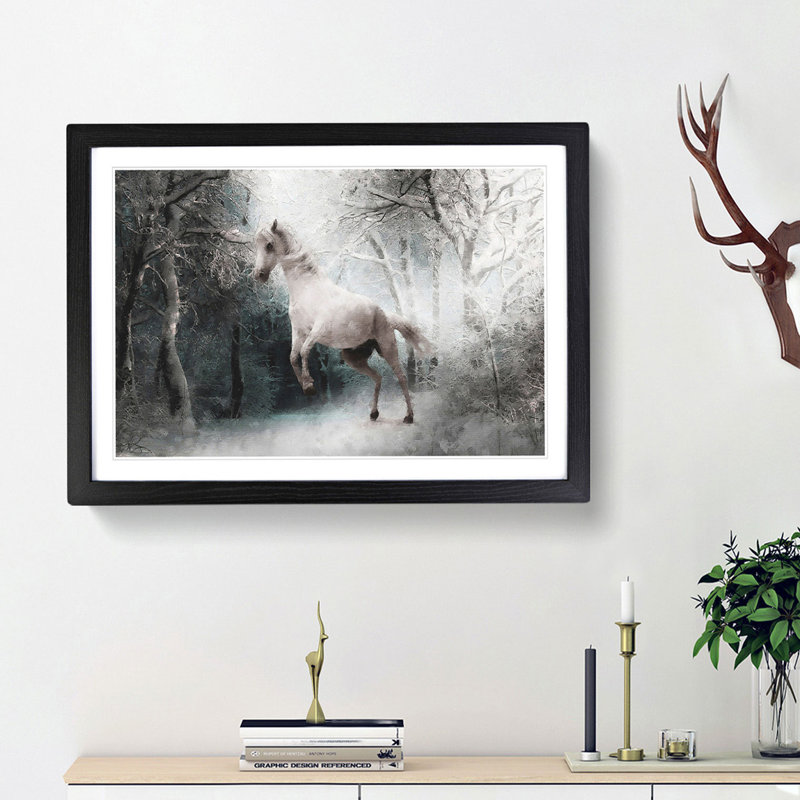 White Horse Rearing in a Winter Forest - Picture Frame Painting Print, Black Framed, 33cm H x 45cm W x 2cm D