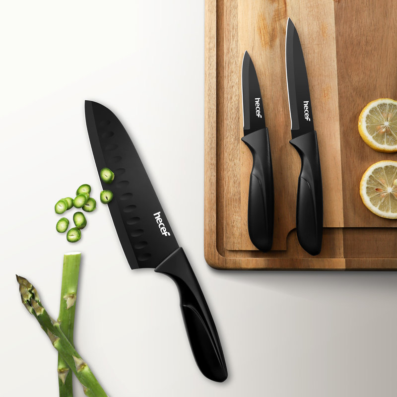 Ensemble de 3 couteaux de cuisine en acier inoxydable Hecef 3CR13 avec revêtement noir