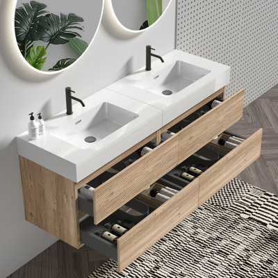 Meuble-lavabo mural de 60 po de longueur, lavabo en quartz blanc, tiroirs en chêne brut, poignée dissimulée, finition laquée E0, meuble-lavabo silencieux, conception Mid-Century, flottant