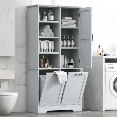 Bathroom Freestanding Storage Cabinet With Adjustable Shelves Drawers Tilt-Out Laundry Hamper And Open Shelves For Organizing