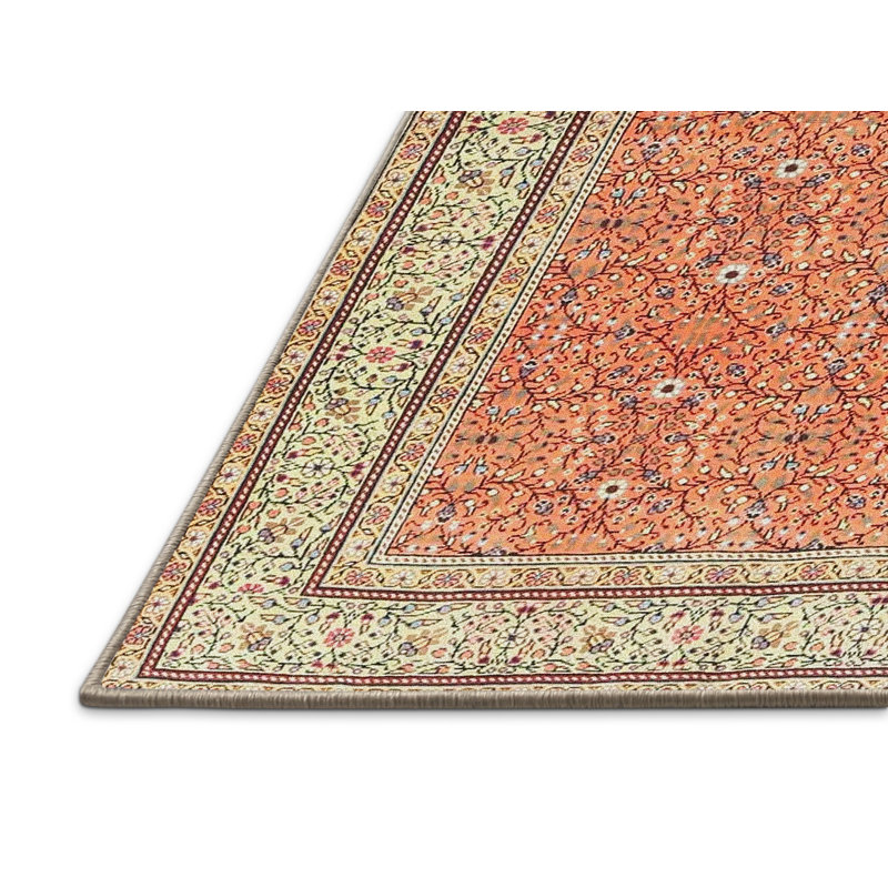 Tapis oriental en laine / polyester tissé à la machine à motif oriental orange / vert, Rectangle 5 pi x 7 pi