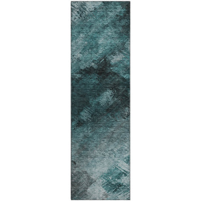 Premium Machine Washable Cerrito AMF590 Teal Runner Rug