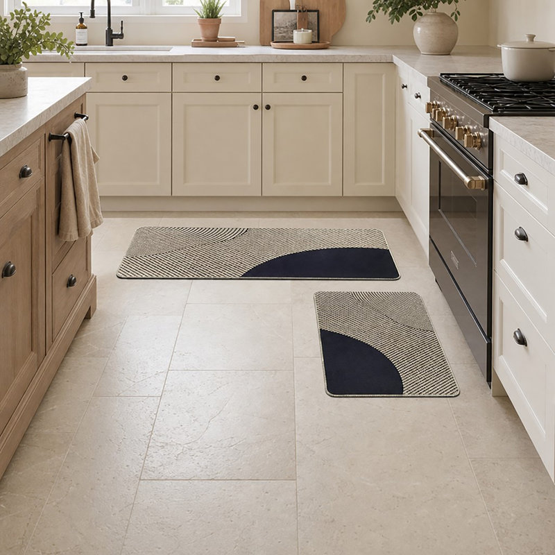 Geometric Kitchen Mat Set, Beige